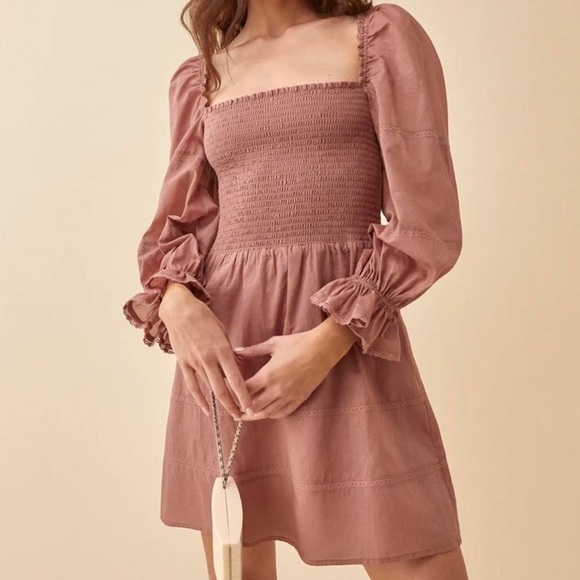Reformation Dresses & Skirts - NWT Reformation Dunes Long Sleeve Smocked Short Dress - PRALINE